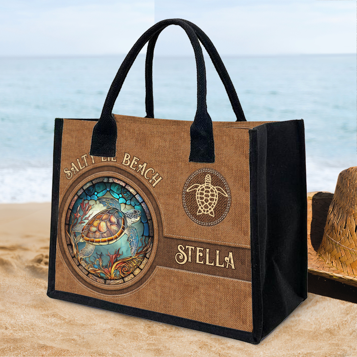 Salty Lil Beach – Personalisierte Tragetasche aus Canvas mit Schildkrötenmotiv