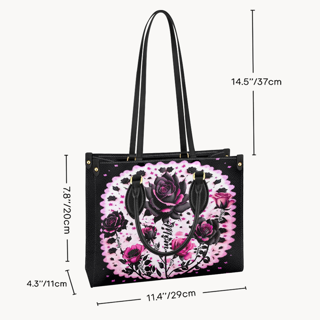 Mutter, Oma und Kinder, Schwarze und rosa Rosen – Personalisierte Mutter-Lederhandtasche