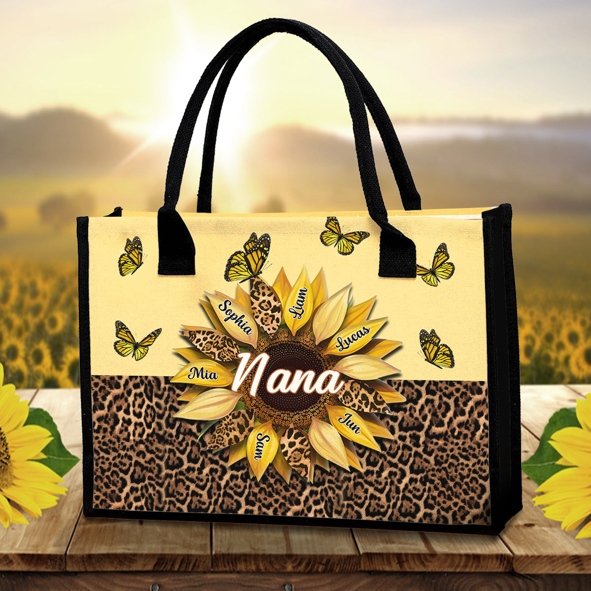 Oma, Mama, Tante, Familie, Sonnenblumen, Schmetterlinge – Personalisierte Tragetasche aus Canvas