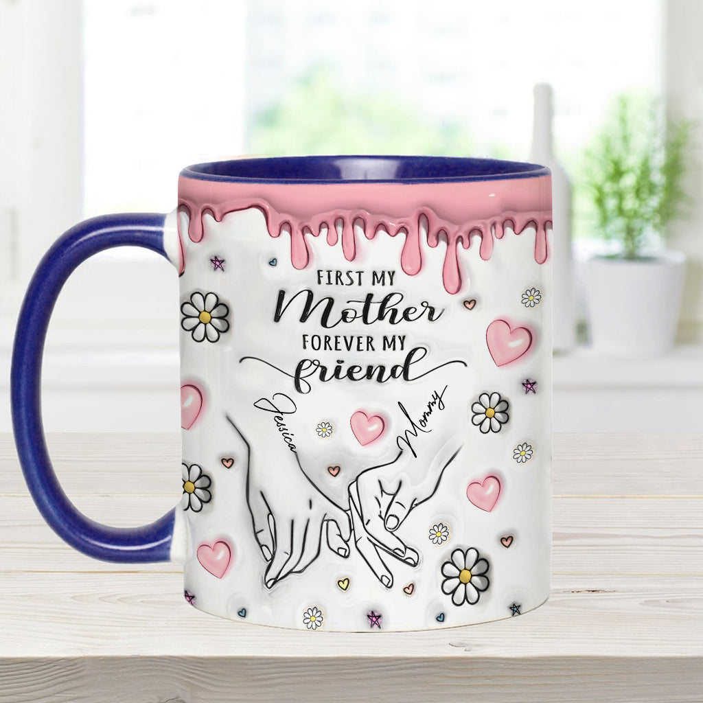 „Erst meine Mutter, für immer meine Freundin“ – personalisierte Tasse mit Muttermotiv