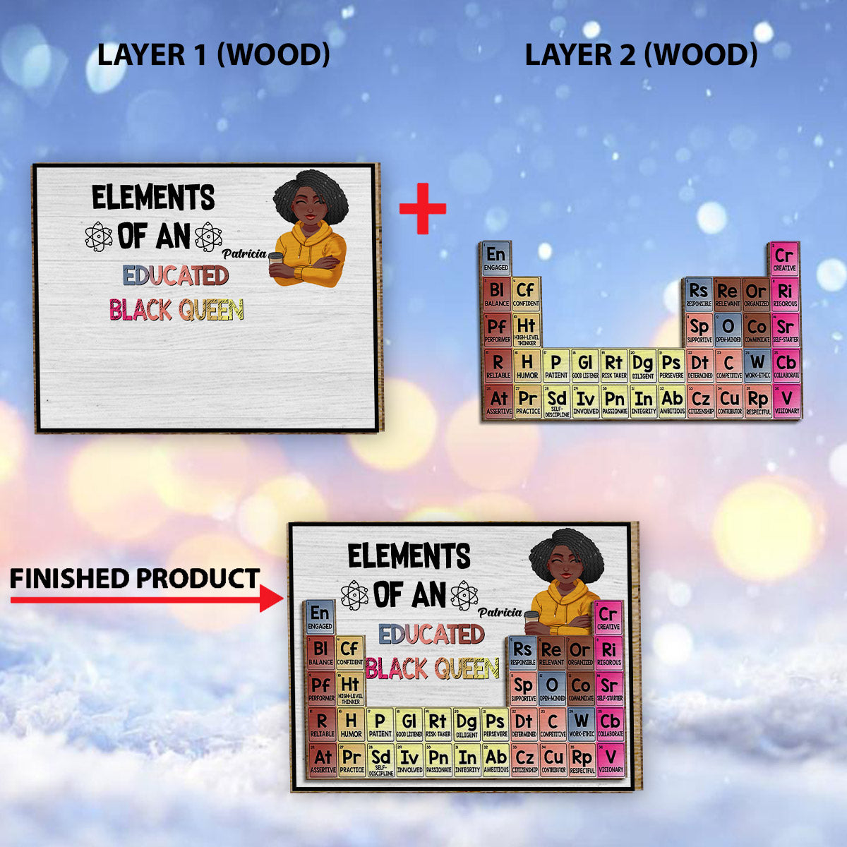 Elemente einer gebildeten schwarzen Königin – Personalisiertes zweilagiges Holzschild/Holzplakette für Afroamerikanerinnen