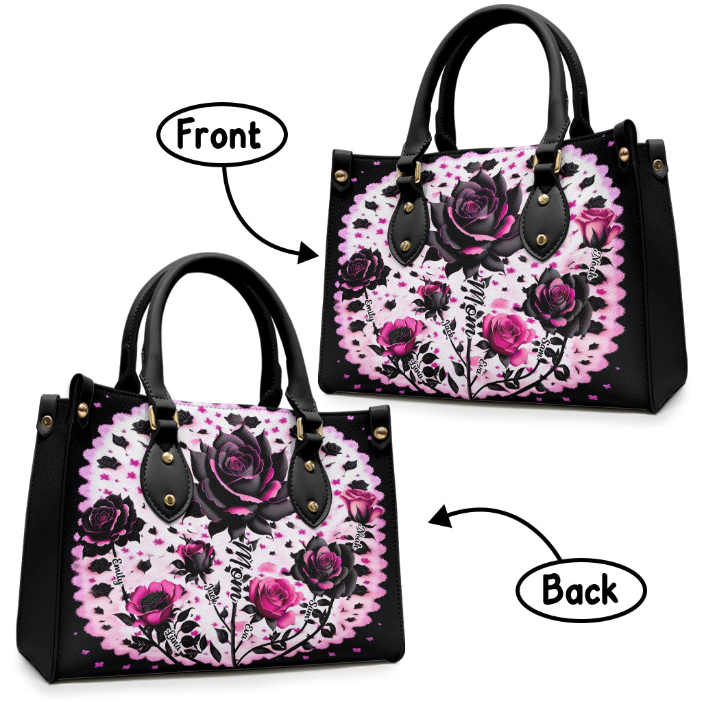 Mutter, Oma und Kinder, Schwarze und rosa Rosen – Personalisierte Mutter-Lederhandtasche