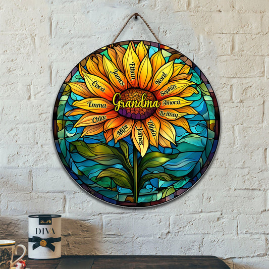 Stainglass Sunflower - Personalized Grandma Round Wood Sign