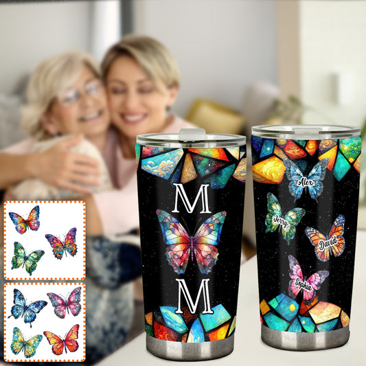 Buntes Buntglas-Muster mit Schmetterlingsmotiv für Mama – personalisierter Mutter-Trinkbecher