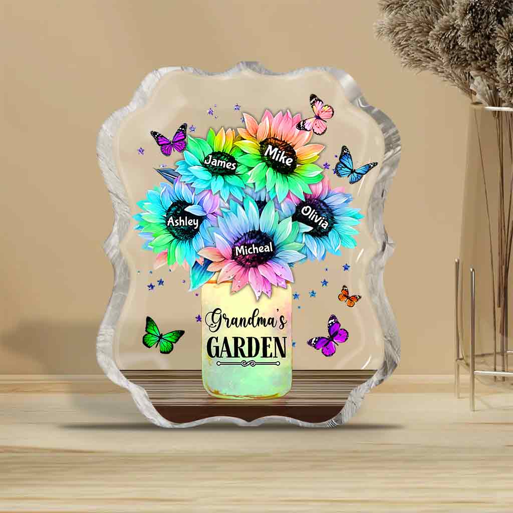 Sonnenblumenvase, personalisierbar mit beliebigem Titel und Namen – personalisierte Acrylplakette in Sonderform für Oma