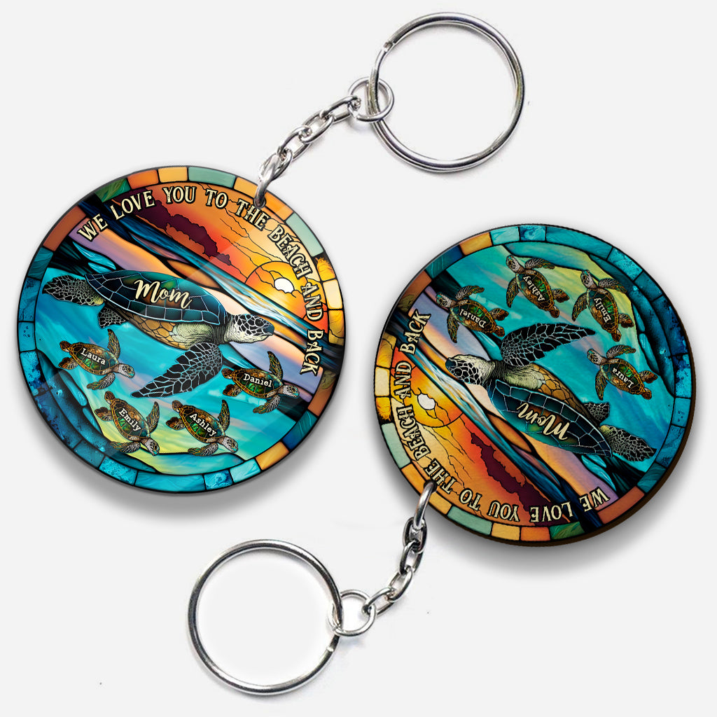 Ich liebe dich bis zum Strand und zurück – Schildkrötenmutter und Kinder – personalisierter Schildkröten-Schlüsselanhänger
