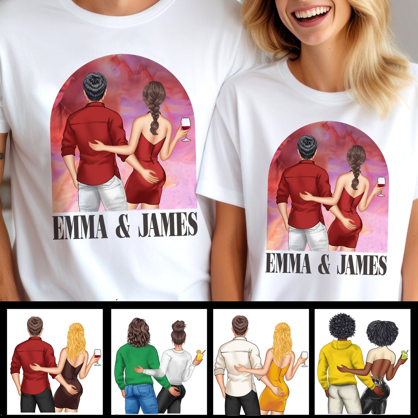 Pinkfarbener Filmhintergrund für Paare – Personalisiertes Partner-T-Shirt und Hoodie