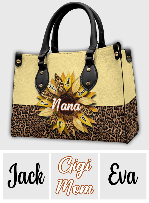 Oma, Mama, Tante, Familie, Sonnenblume – Personalisierte Oma-Lederhandtasche