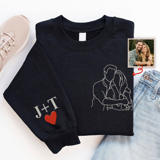 Individuelle Foto-Linienzeichnung – Personalisierter, bestickter Pullover für Paare