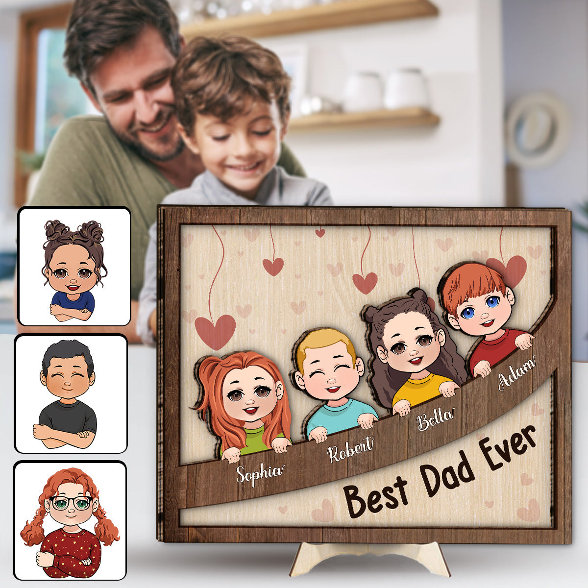 Bester Papa, Mama, Oma, Opa aller Zeiten – Personalisiertes 2-lagiges Holzschild/Holzplakette für Väter (Chibi-Kinder)