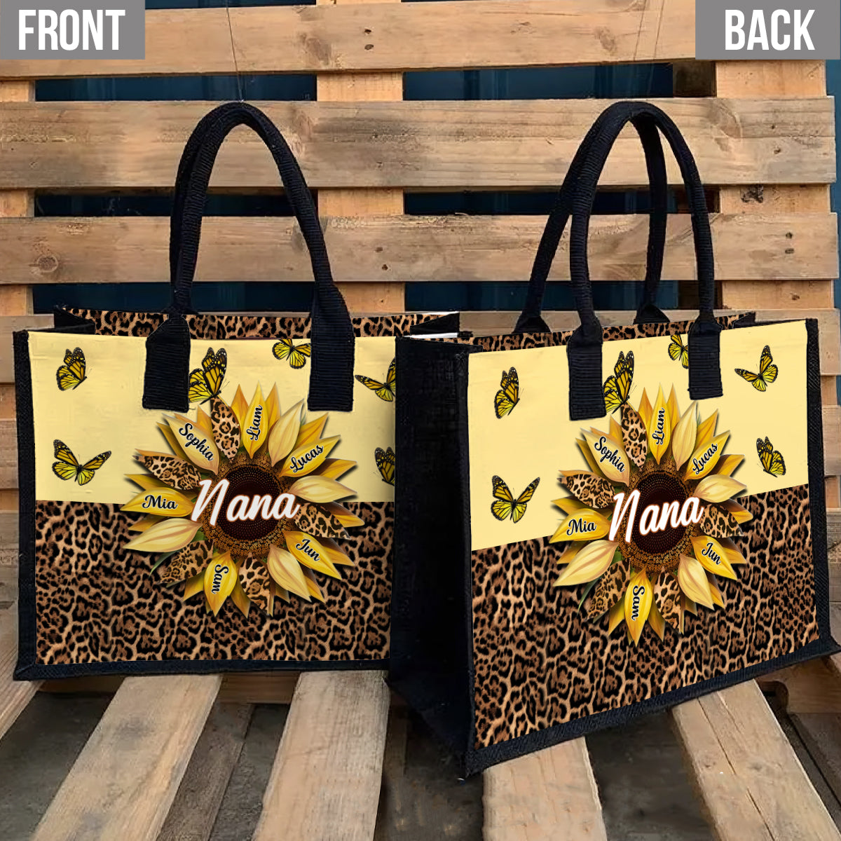 Oma, Mama, Tante, Familie, Sonnenblumen, Schmetterlinge – Personalisierte Tragetasche aus Canvas