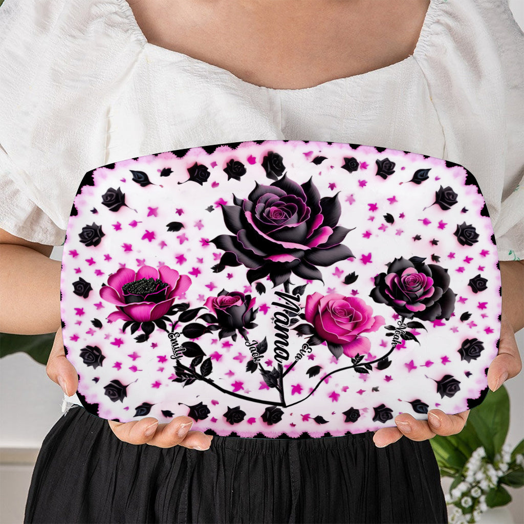 Mutter, Oma und Kinder, schwarze und rosa Rosen – personalisierter Oma-Teller