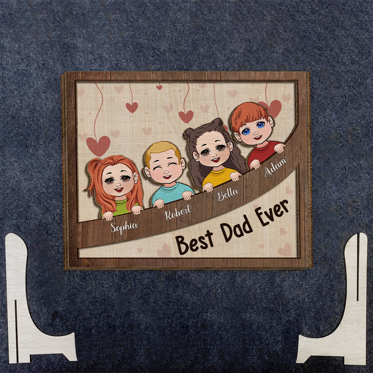 Bester Papa, Mama, Oma, Opa aller Zeiten – Personalisiertes 2-lagiges Holzschild/Holzplakette für Väter (Chibi-Kinder)