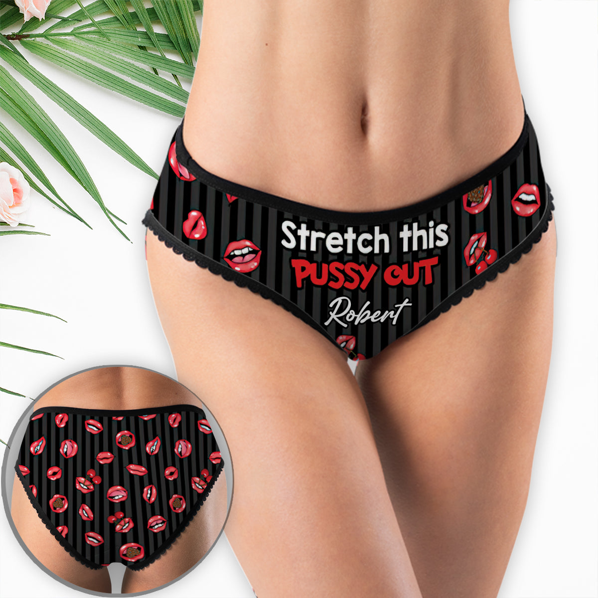 Dehnen Sie Ihre Muschi aus - Personalisierte Damen-Slips mit Spitzenrand für Paare