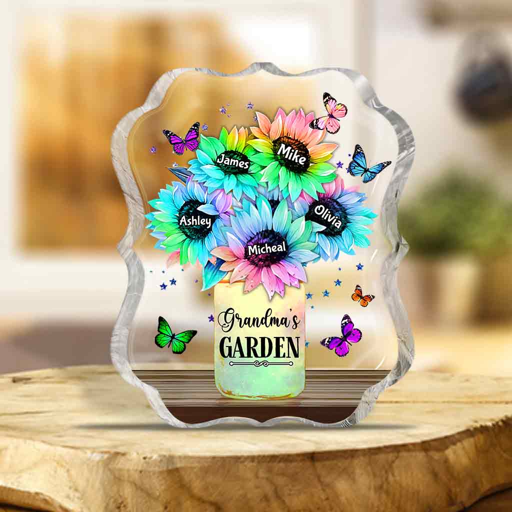 Sonnenblumenvase, personalisierbar mit beliebigem Titel und Namen – personalisierte Acrylplakette in Sonderform für Oma