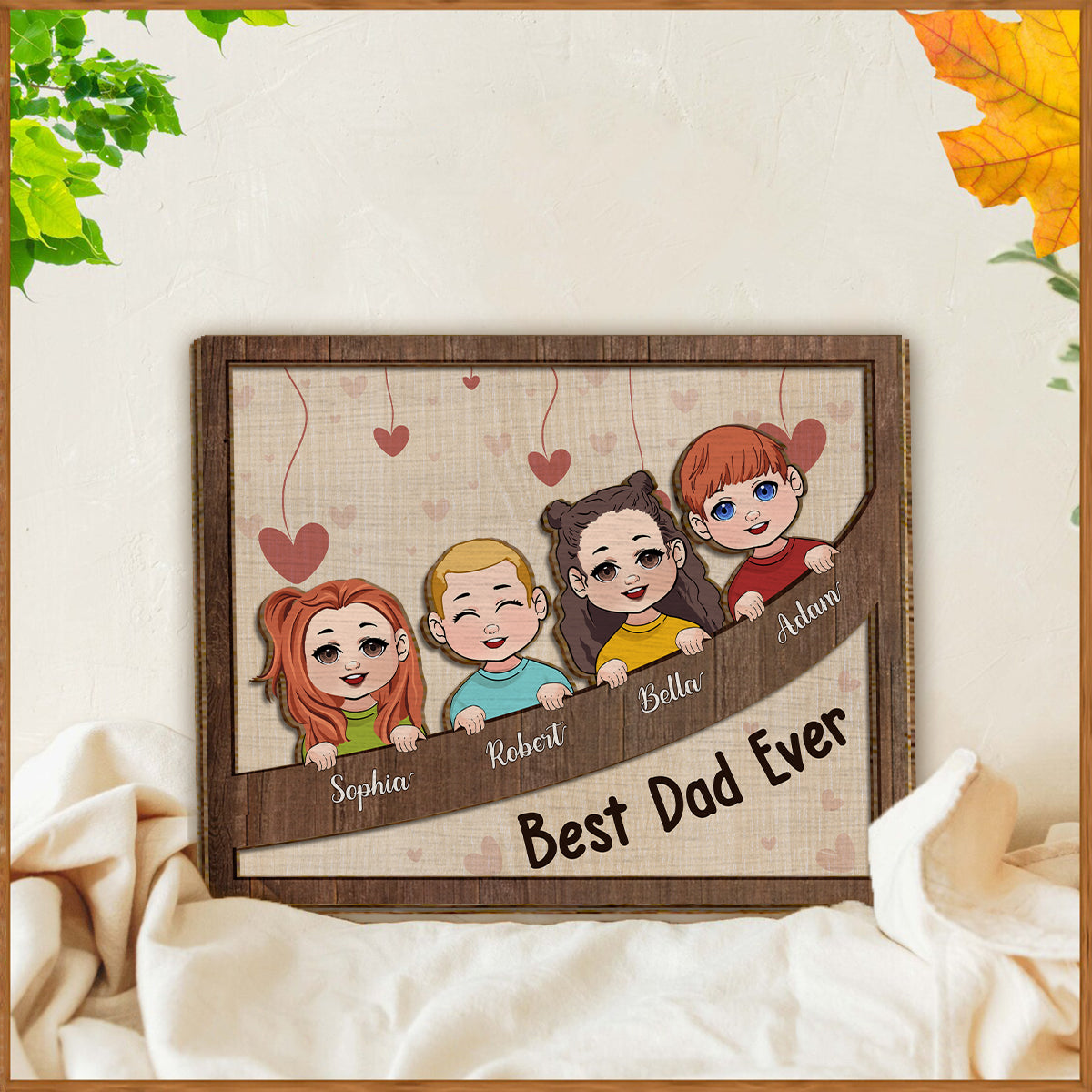 Bester Papa, Mama, Oma, Opa aller Zeiten – Personalisiertes 2-lagiges Holzschild/Holzplakette für Väter (Chibi-Kinder)