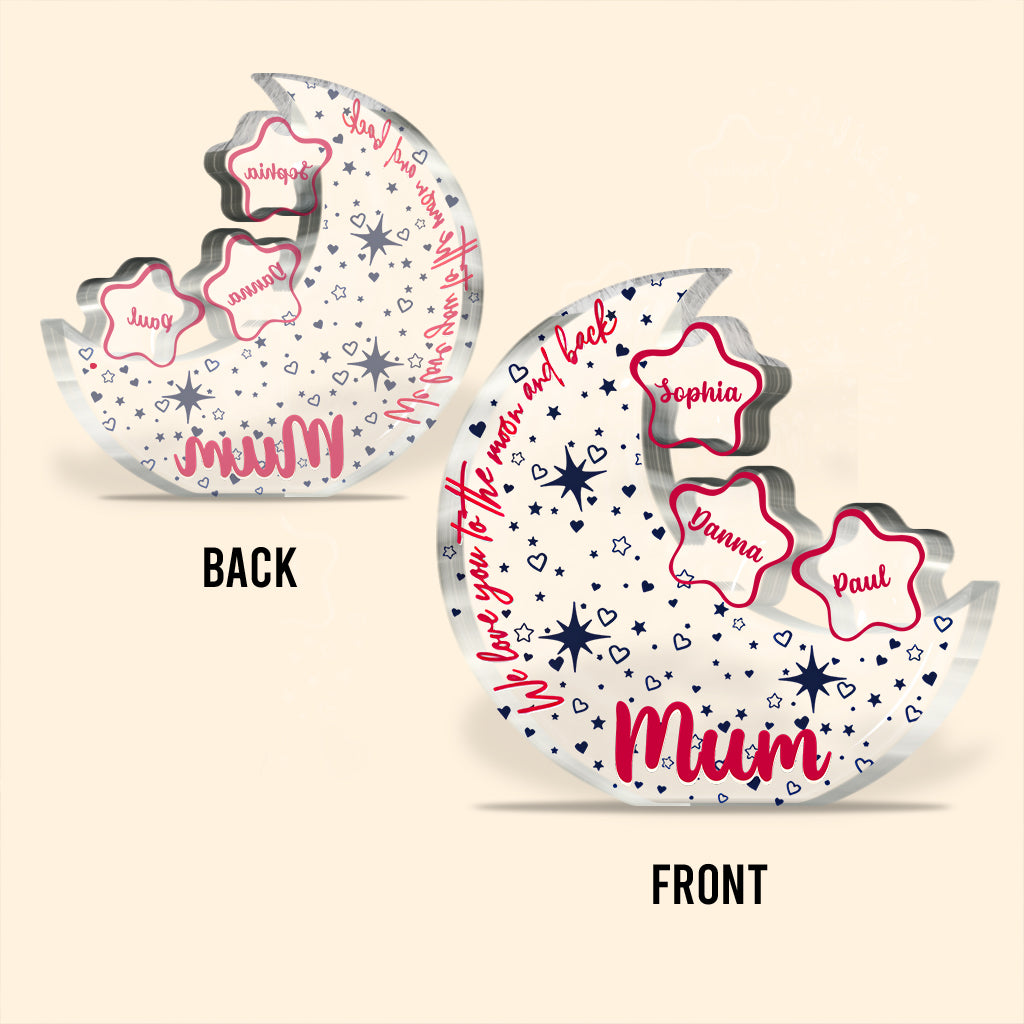 Wir lieben dich bis zum Mond und zurück – Personalisierte Acrylplakette in individueller Form für Mutter