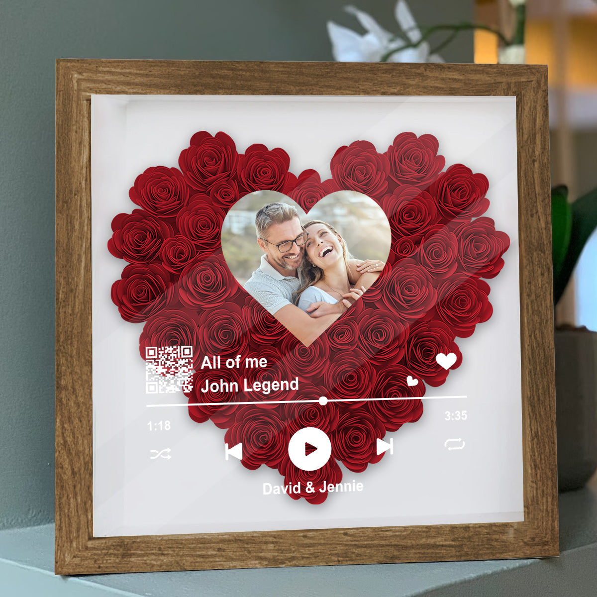 Personalisierter QR-Code mit Foto, Lieblingslied – personalisierte Blumen-Schattenbox für Paare
