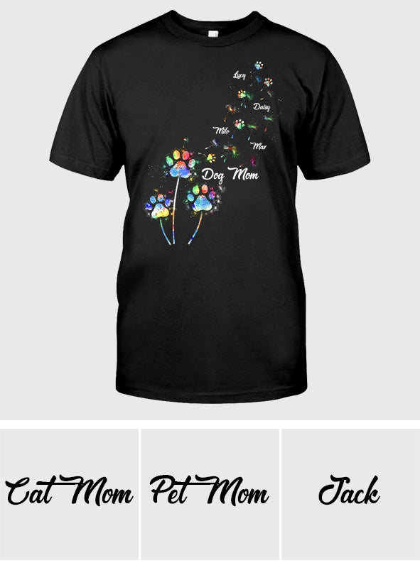 Hundemama/Katzenmama/Haustiermama Buntes Löwenzahn-Motiv – Personalisiertes Hunde-T-Shirt und Hoodie