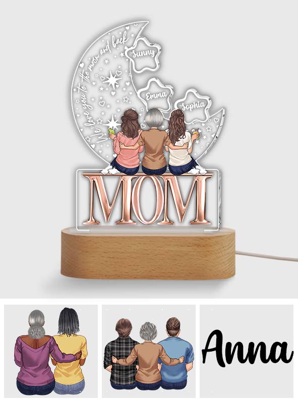 Wir lieben dich bis zum Mond und zurück – Personalisierte, mutterförmige Plakettenleuchte