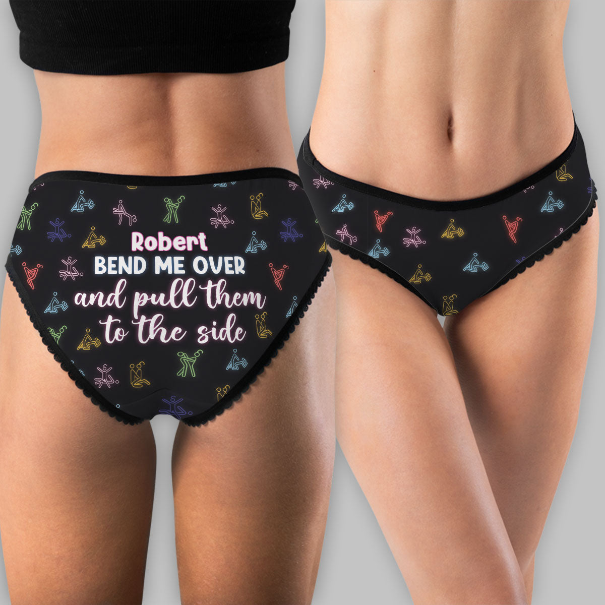 Beug mich vor und zieh sie zur Seite - Personalisierte Damen-Slips mit Spitzenbordüre für Paare