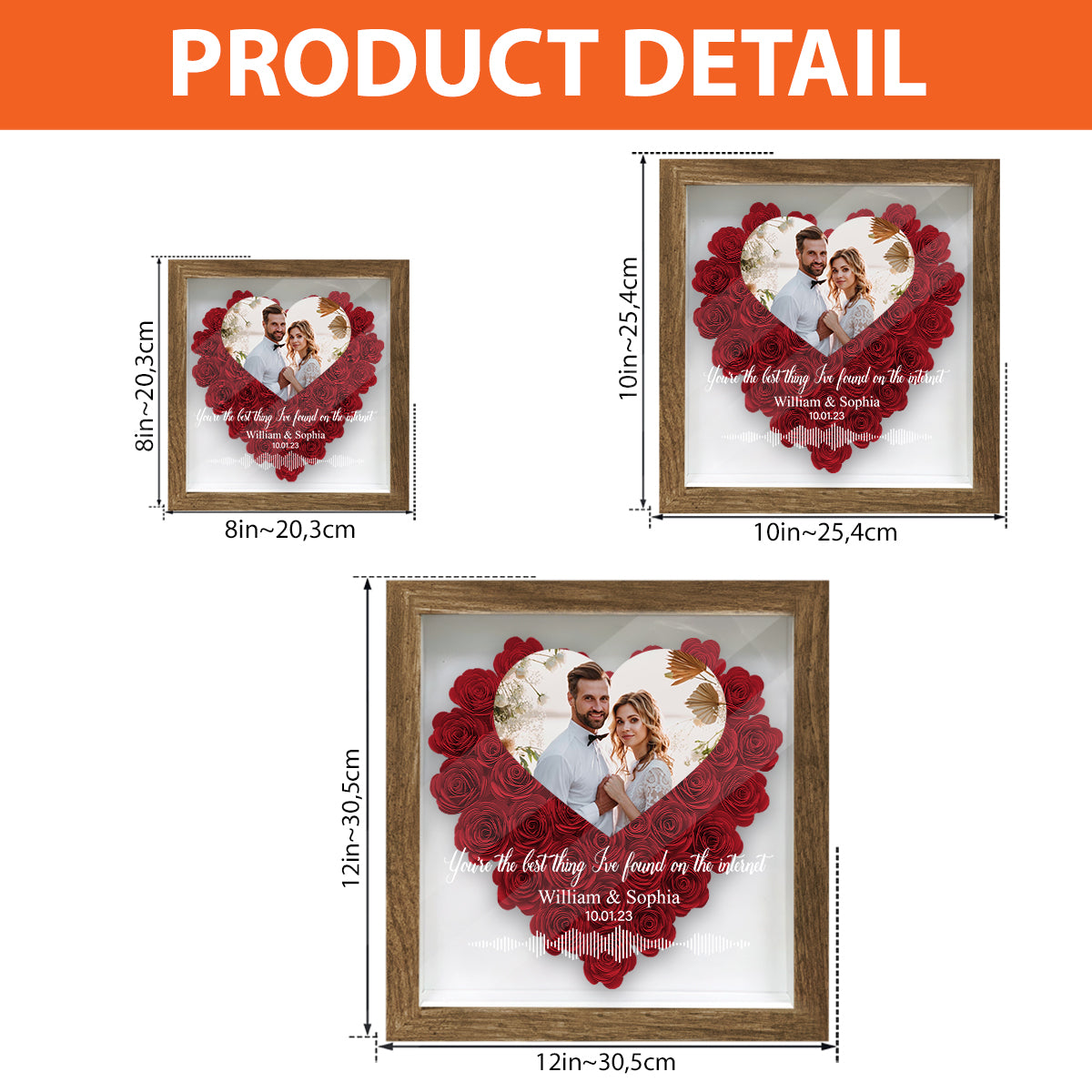 Individuelles Foto, Namen, Datum, Nachricht und Soundwave – personalisierte Blumen-Schattenbox für Paare