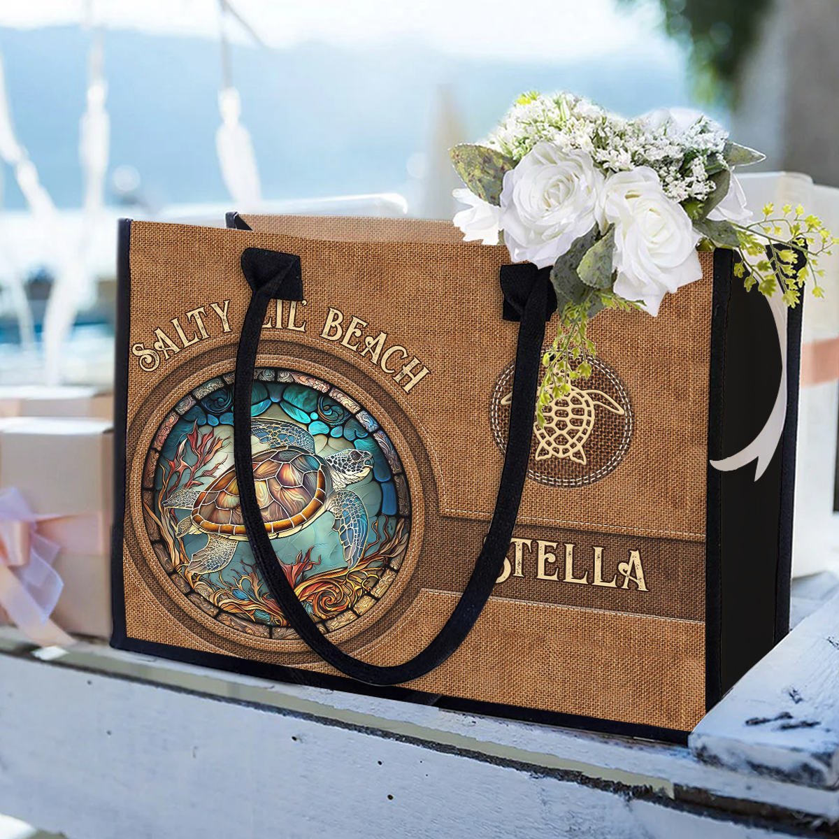 Salty Lil Beach – Personalisierte Tragetasche aus Canvas mit Schildkrötenmotiv