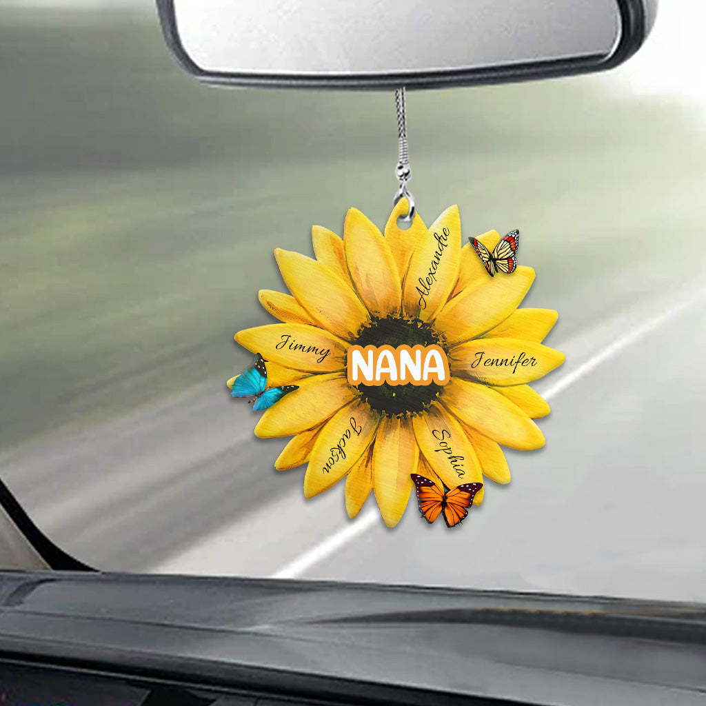 Sonnenblume mit beliebigem Titel und Namen eines Kindes – personalisierter Autoanhänger für Oma