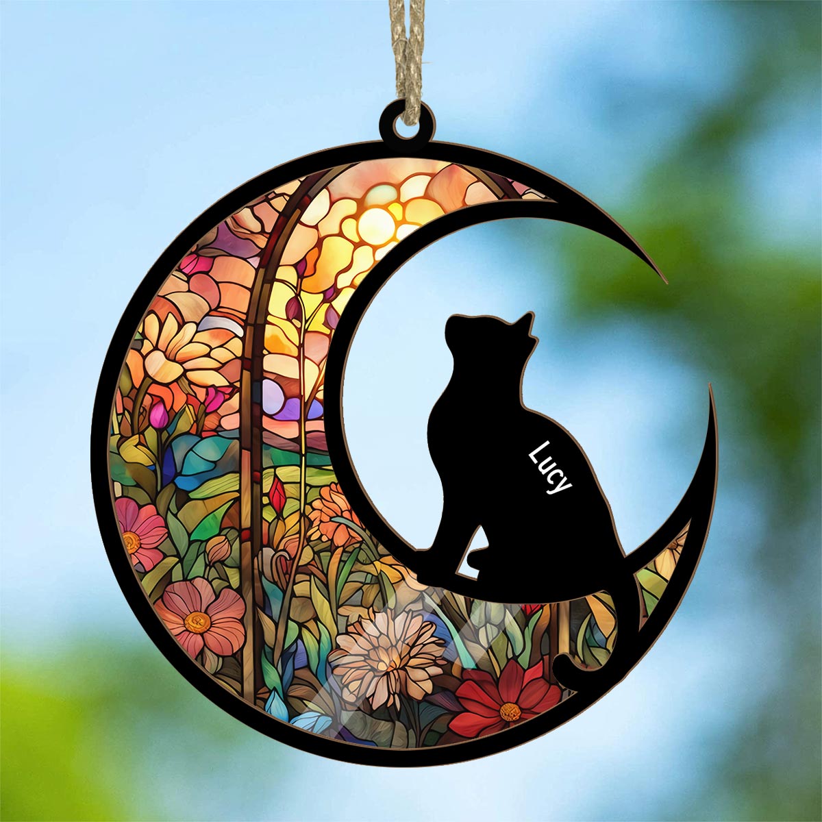 Katzen-Silhouette im Buntglas-Design – Personalisierter Katzen-Sonnenfänger