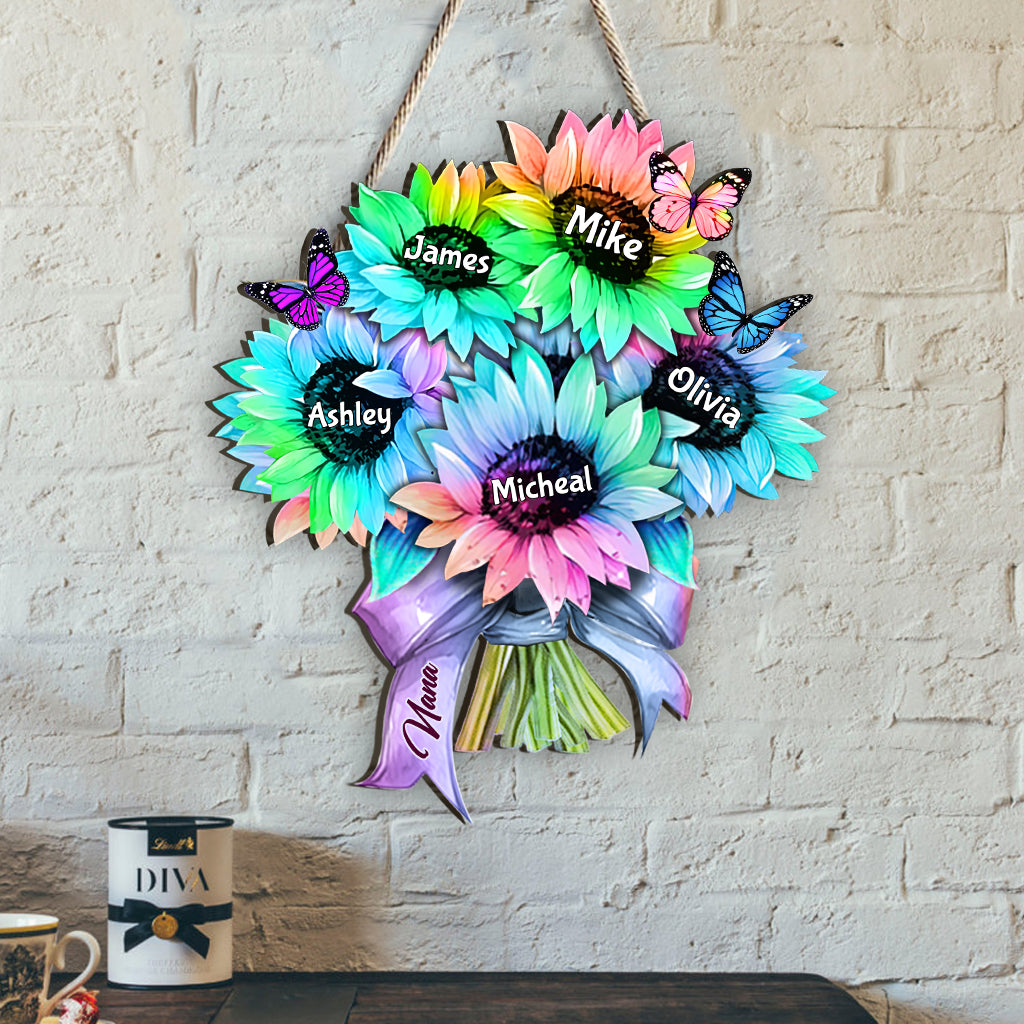 Sonnenblumenstrauß mit individuellem Titel und Namen – personalisiertes Holzschild „Oma“ in individueller Form