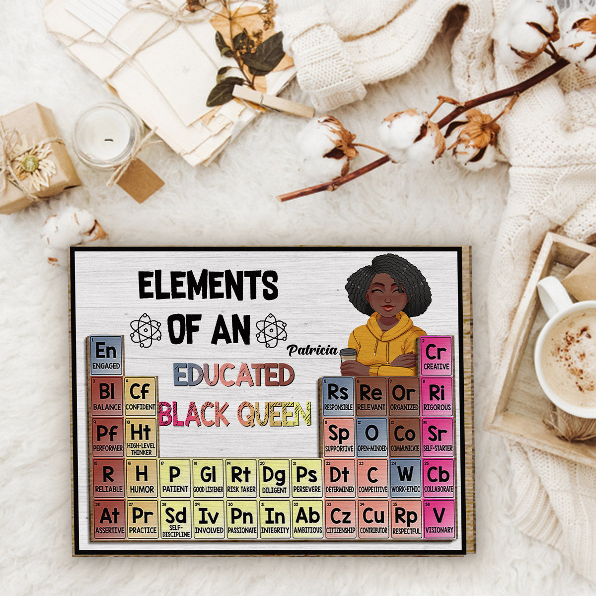 Elemente einer gebildeten schwarzen Königin – Personalisiertes zweilagiges Holzschild/Holzplakette für Afroamerikanerinnen