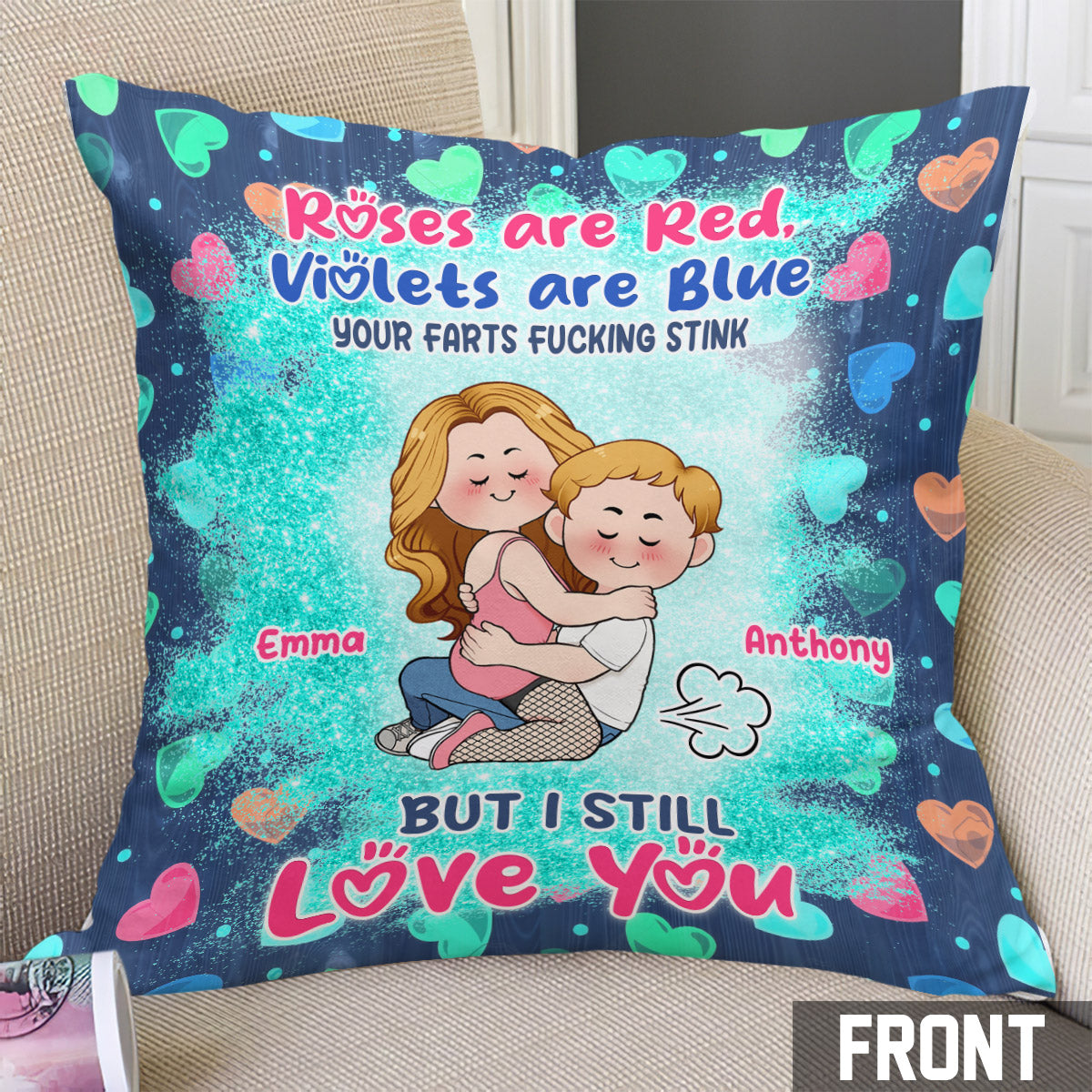 Deine Fürze stinken zum Himmel, aber ich liebe dich trotzdem – personalisiertes Pärchenkissen
