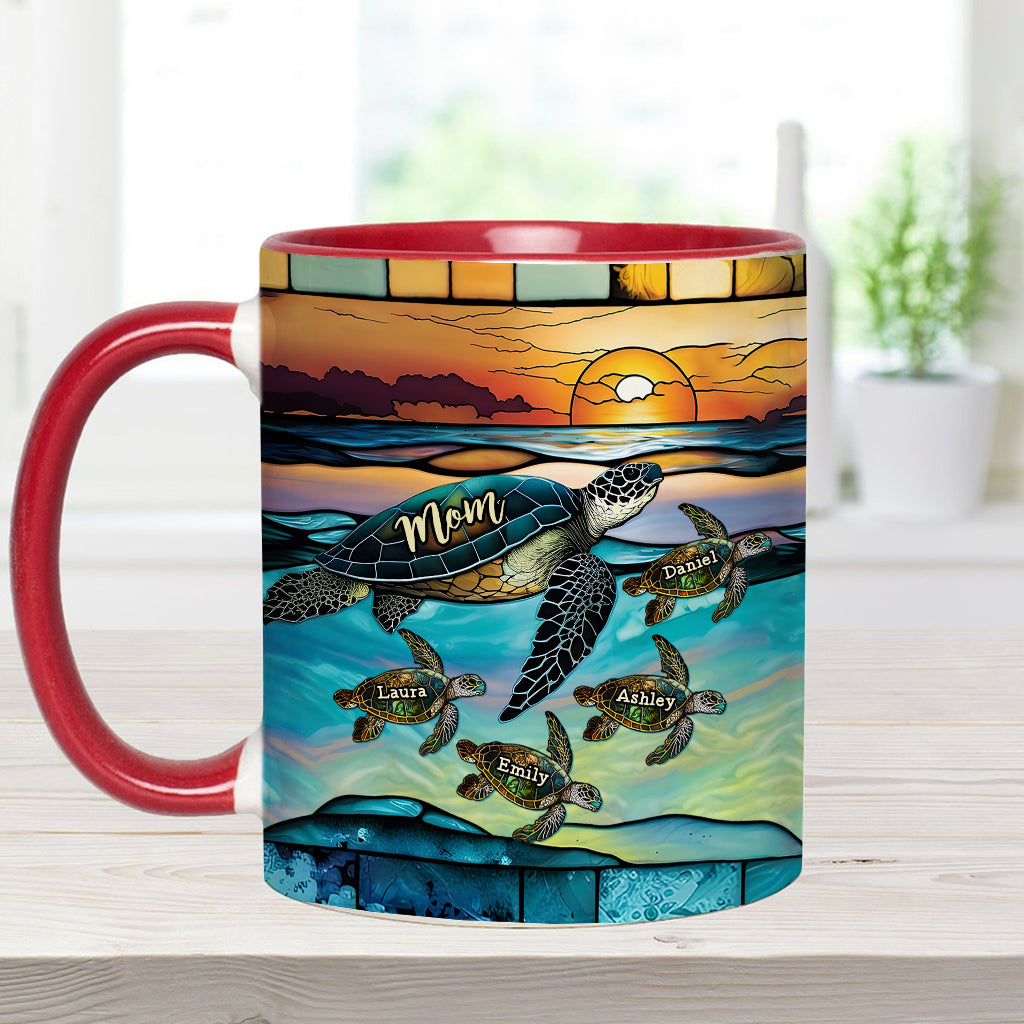 Ich liebe dich bis zum Strand und zurück, Schildkrötenmutter und Kinder – personalisierte Tasse mit Schildkrötenmotiv