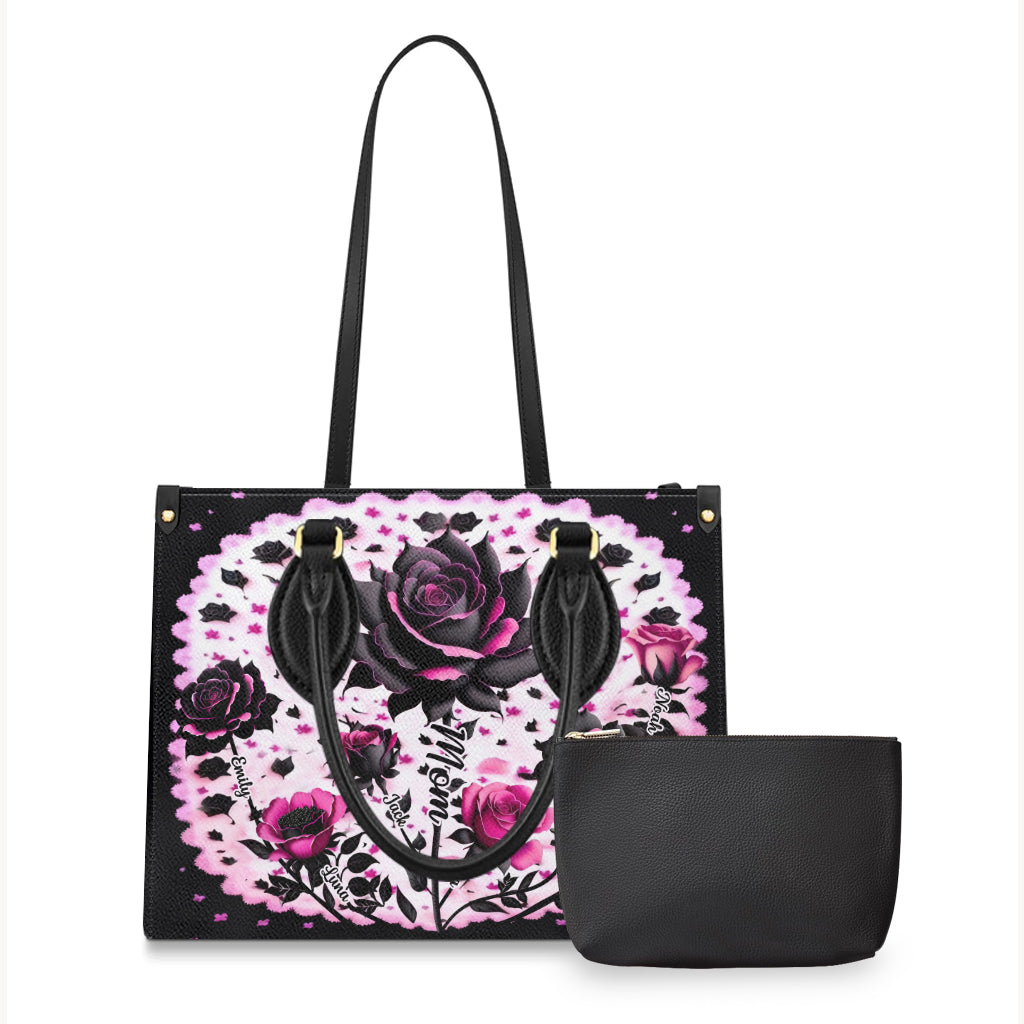 Mutter, Oma und Kinder, Schwarze und rosa Rosen – Personalisierte Mutter-Lederhandtasche