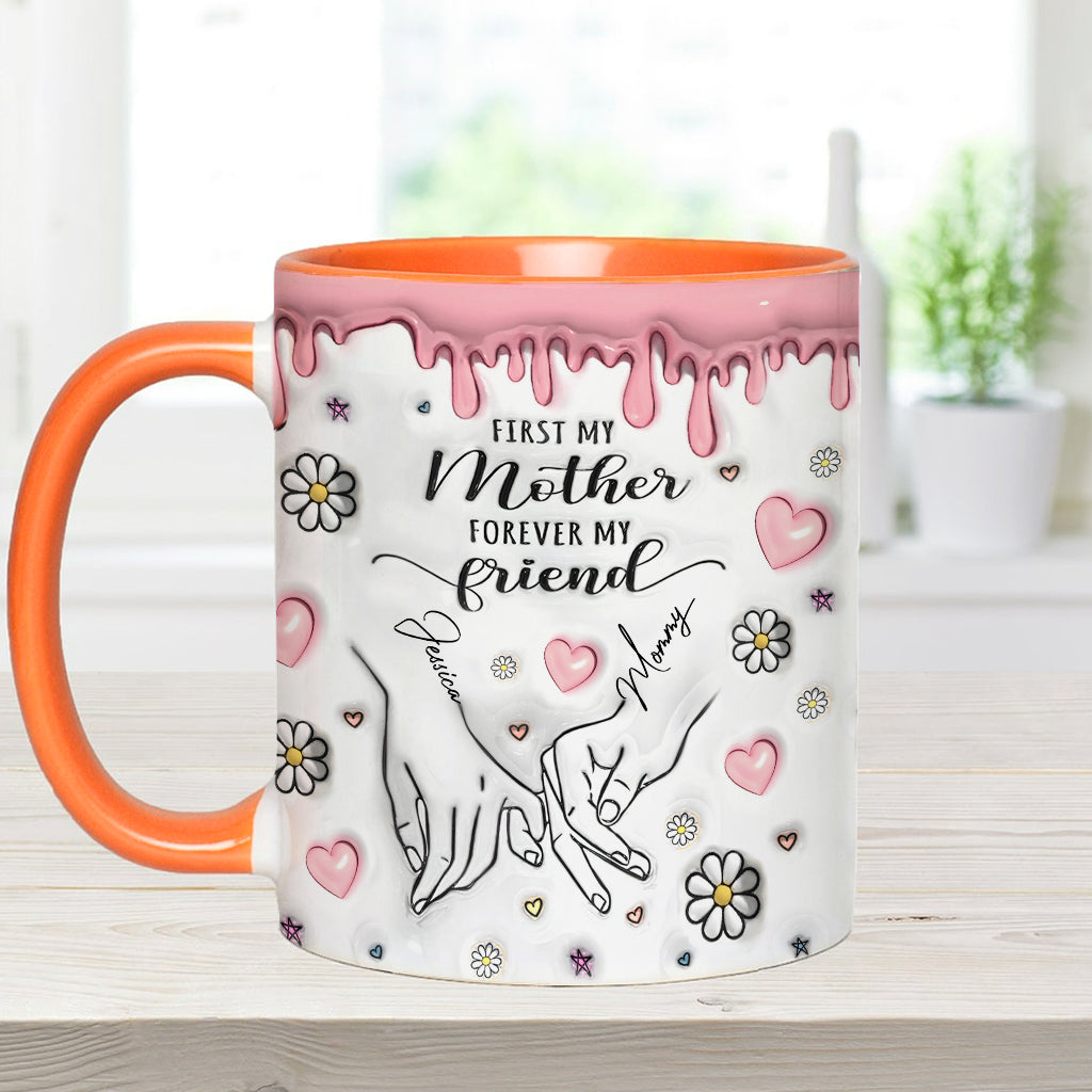 „Erst meine Mutter, für immer meine Freundin“ – personalisierte Tasse mit Muttermotiv