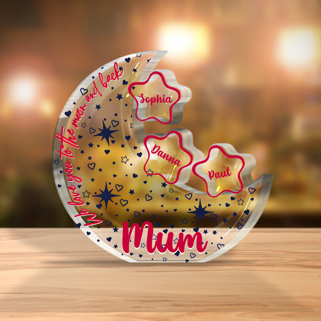 Wir lieben dich bis zum Mond und zurück – Personalisierte Acrylplakette in individueller Form für Mutter