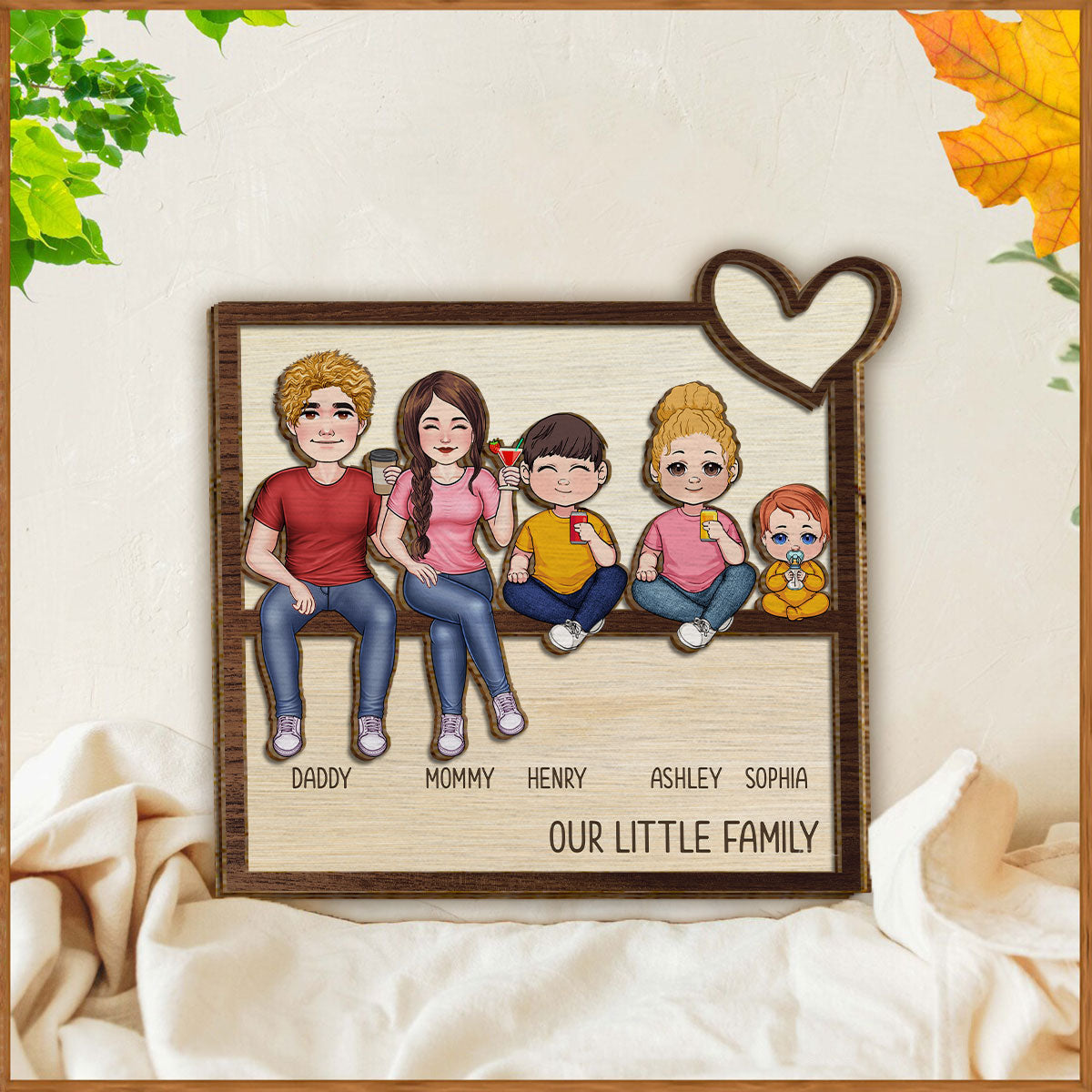 Unsere kleine Familie – Personalisiertes zweilagiges Holzschild / Holzplakette