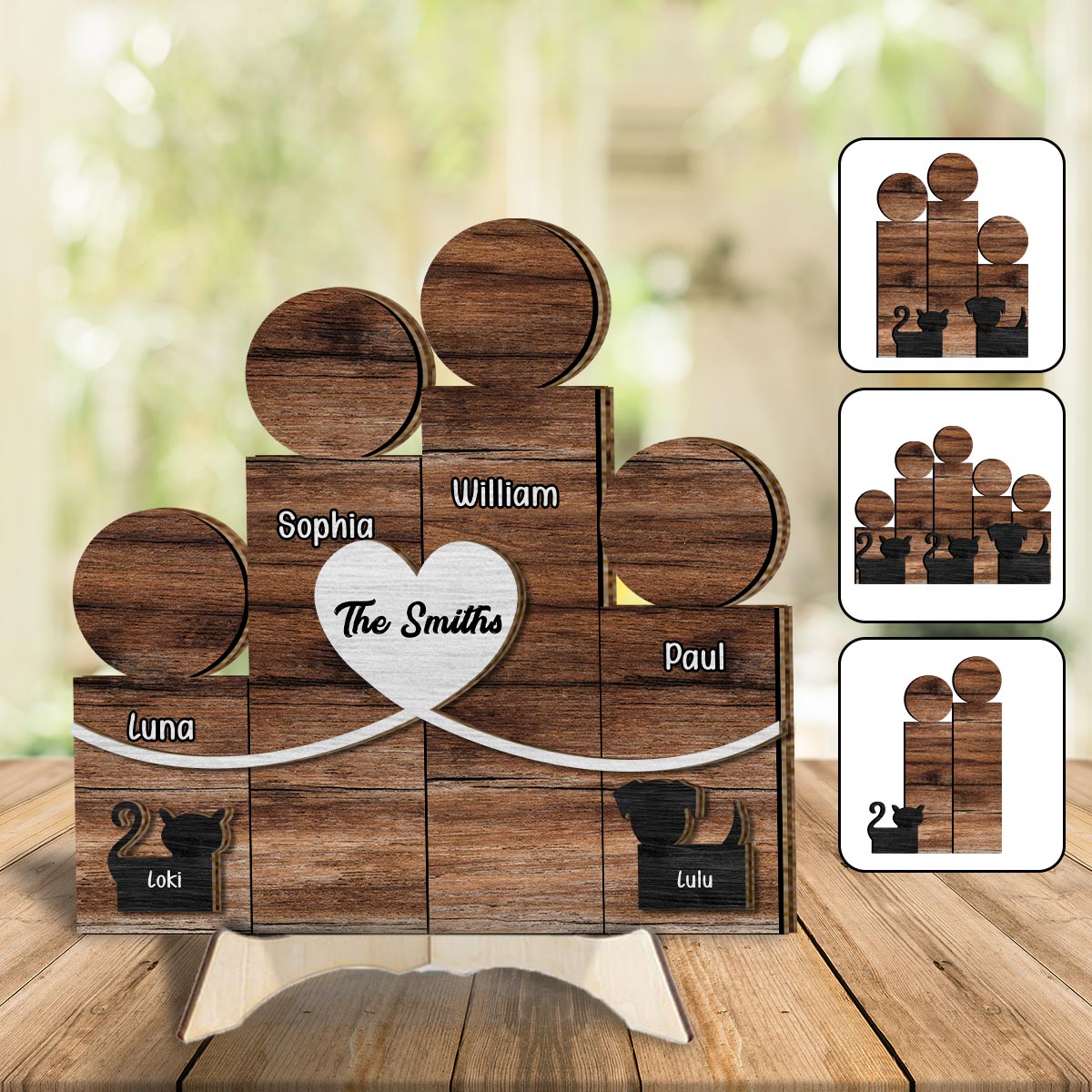 Familienfiguren aus Holzblöcken – Personalisiertes zweilagiges Familienschild aus Holz / Holzplakette