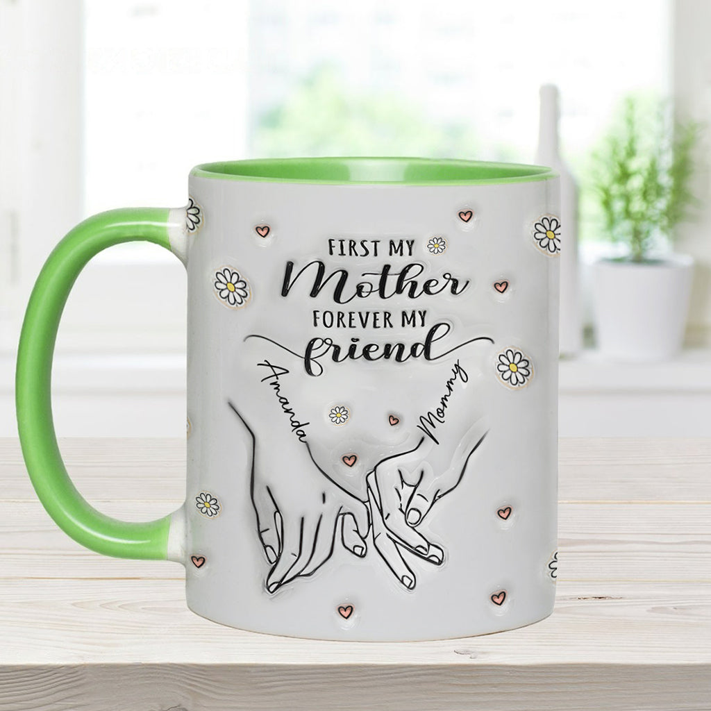 „Erst meine Mutter, für immer meine Freundin“ – personalisierte Tasse mit Muttermotiv