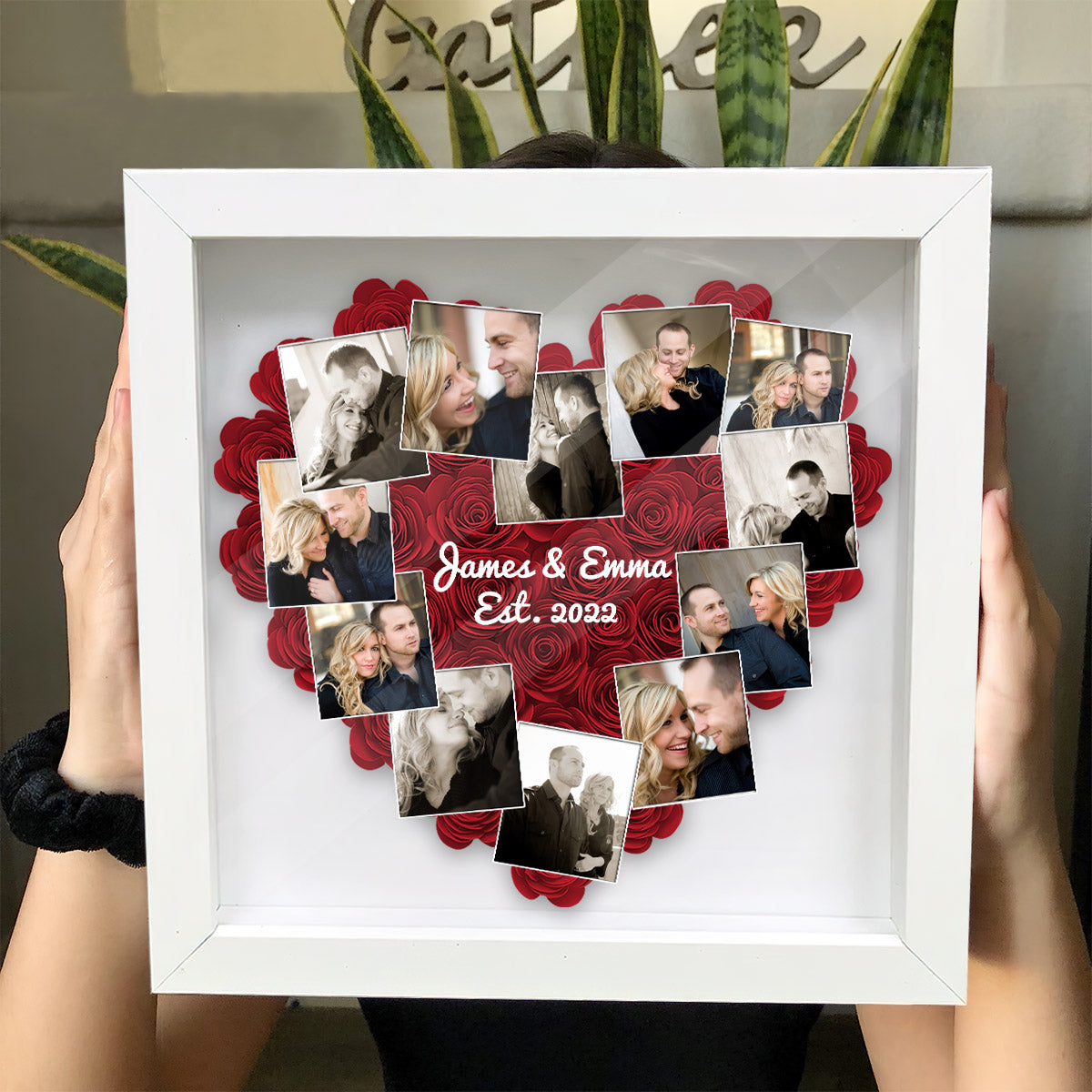 Romantisches Geschenk mit Herzfotos im Polaroid-Stil – personalisierte Blumen-Schattenbox für Paare