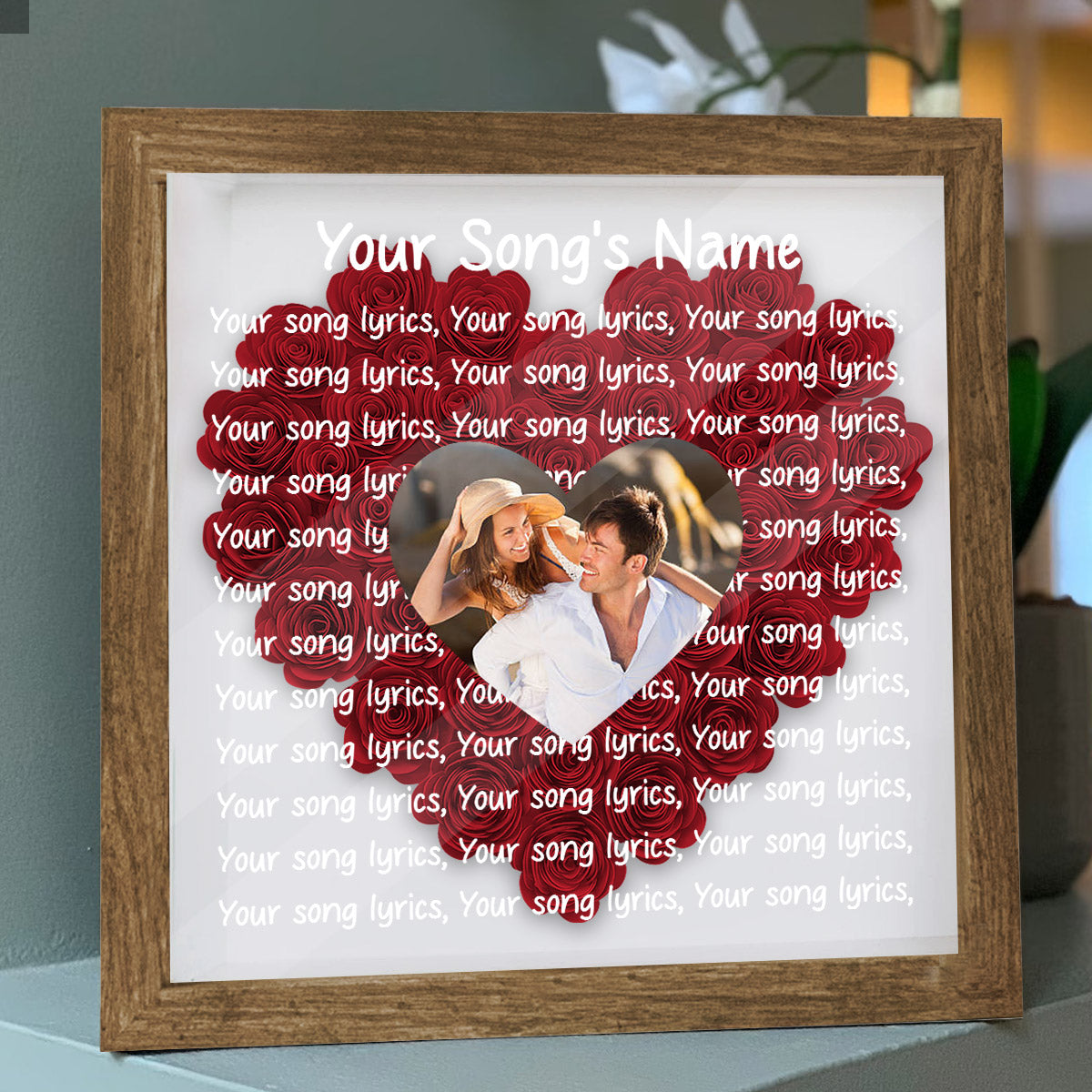 Individuelle Songtexte und Fotos – Personalisierte Blumen-Schattenbox für Paare