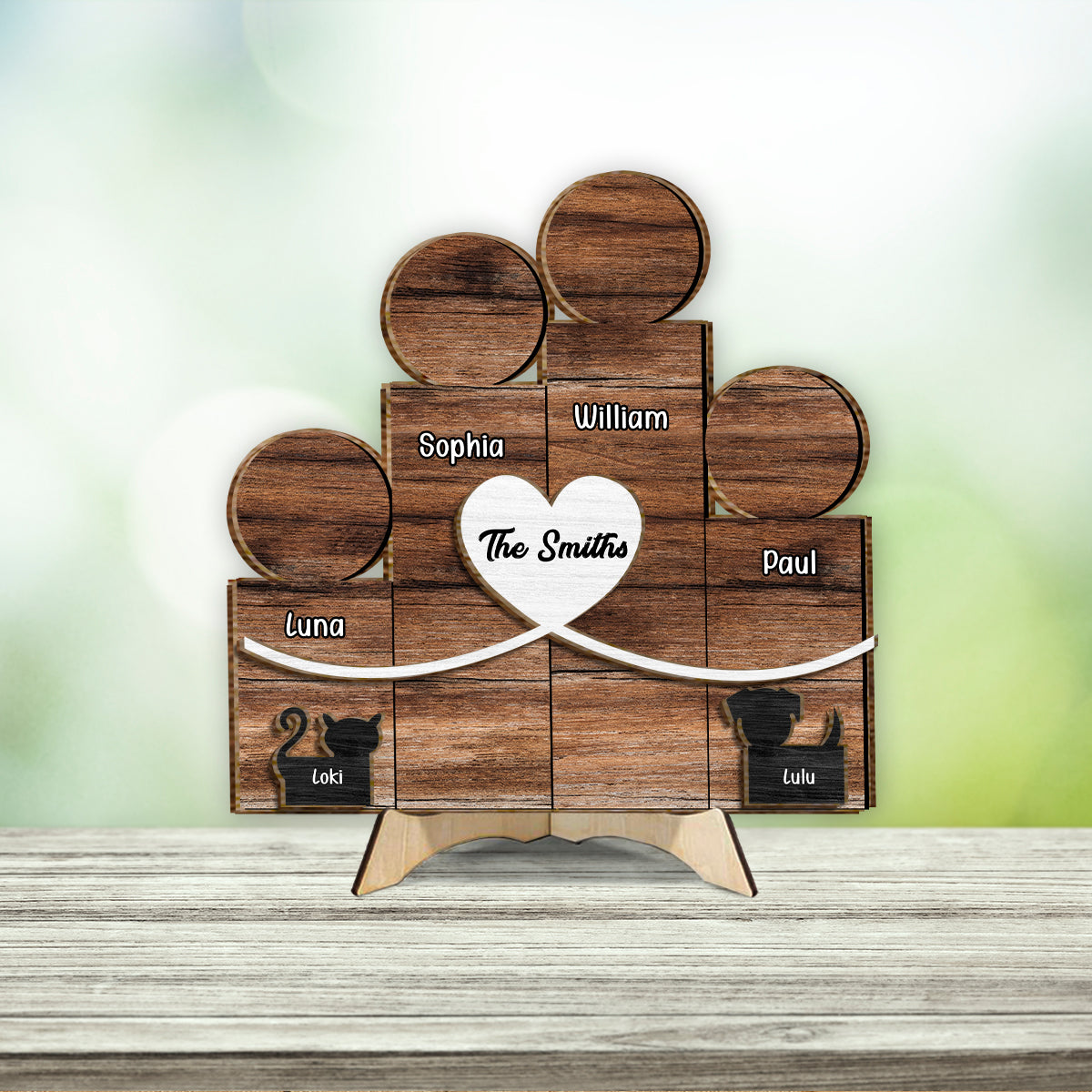 Familienfiguren aus Holzblöcken – Personalisiertes zweilagiges Familienschild aus Holz / Holzplakette