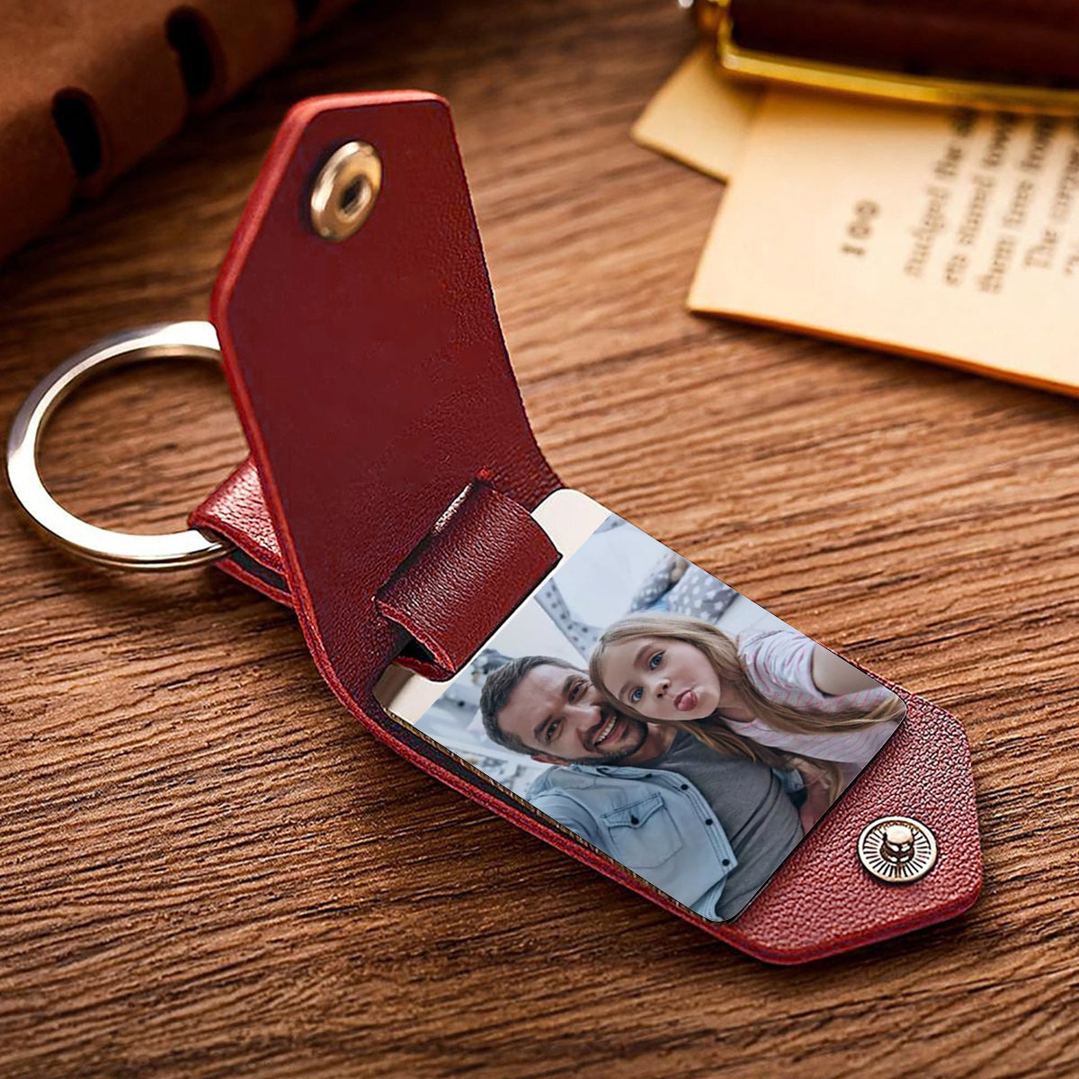 Personalisierter Leder-Schlüsselanhänger mit Foto – Geschenk für Papa – Personalisierter Foto-Schlüsselanhänger aus Leder