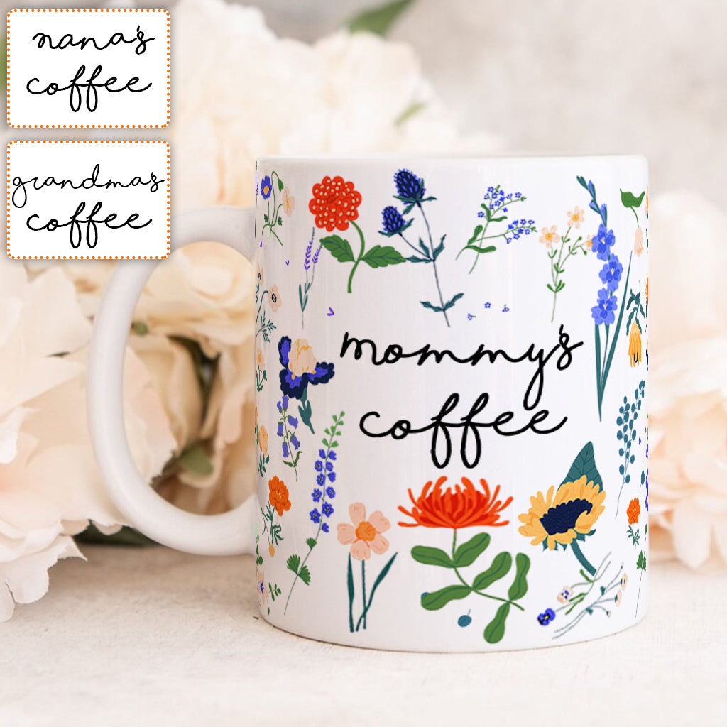 Kaffeetasse mit beliebigem Titel im botanischen Blumenstil – personalisierter Mutterbecher