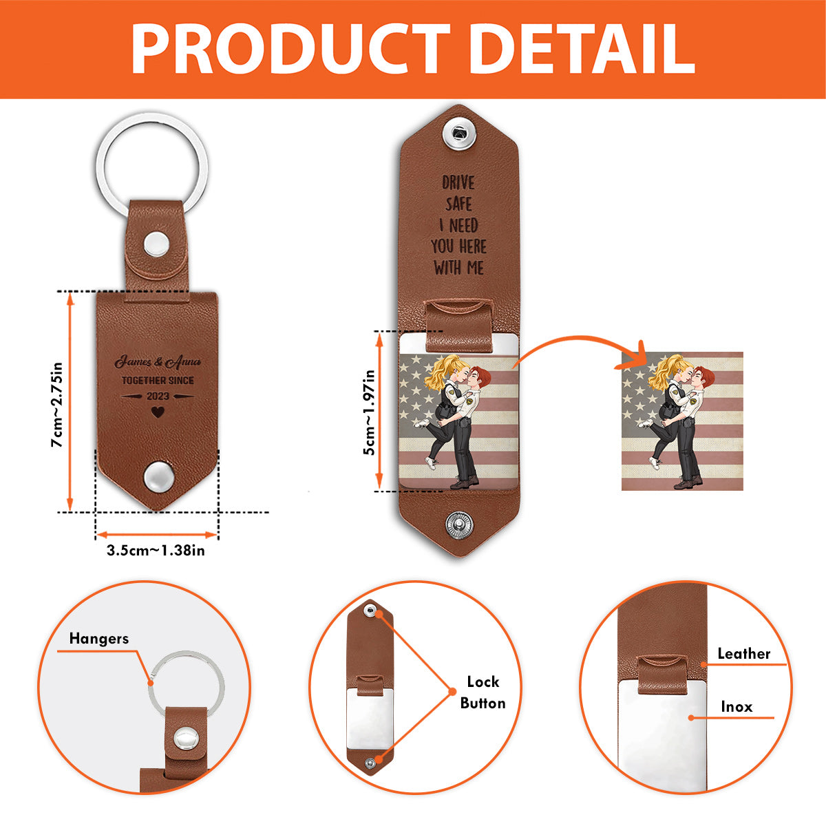 Fahr vorsichtig, ich brauche dich hier bei mir – Personalisierter Leder-Schlüsselanhänger mit Foto für Paare
