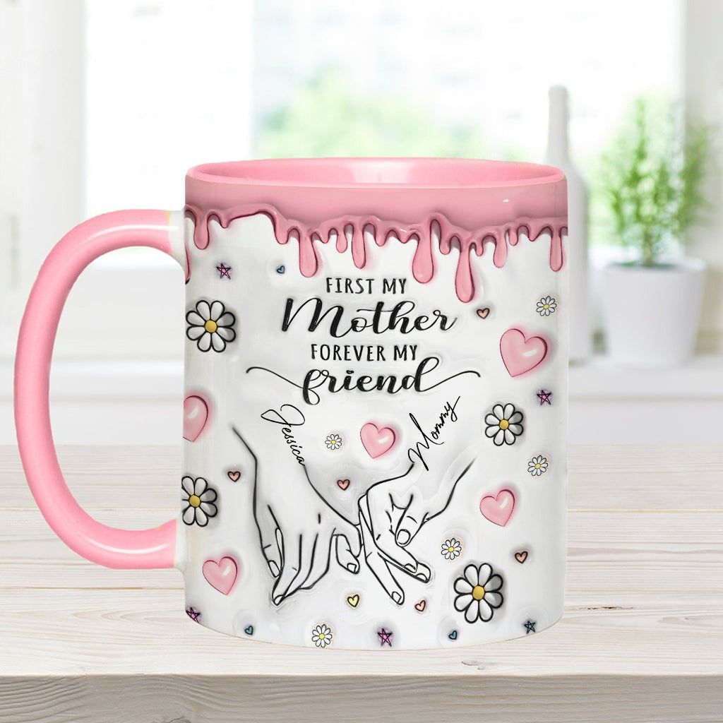 „Erst meine Mutter, für immer meine Freundin“ – personalisierte Tasse mit Muttermotiv
