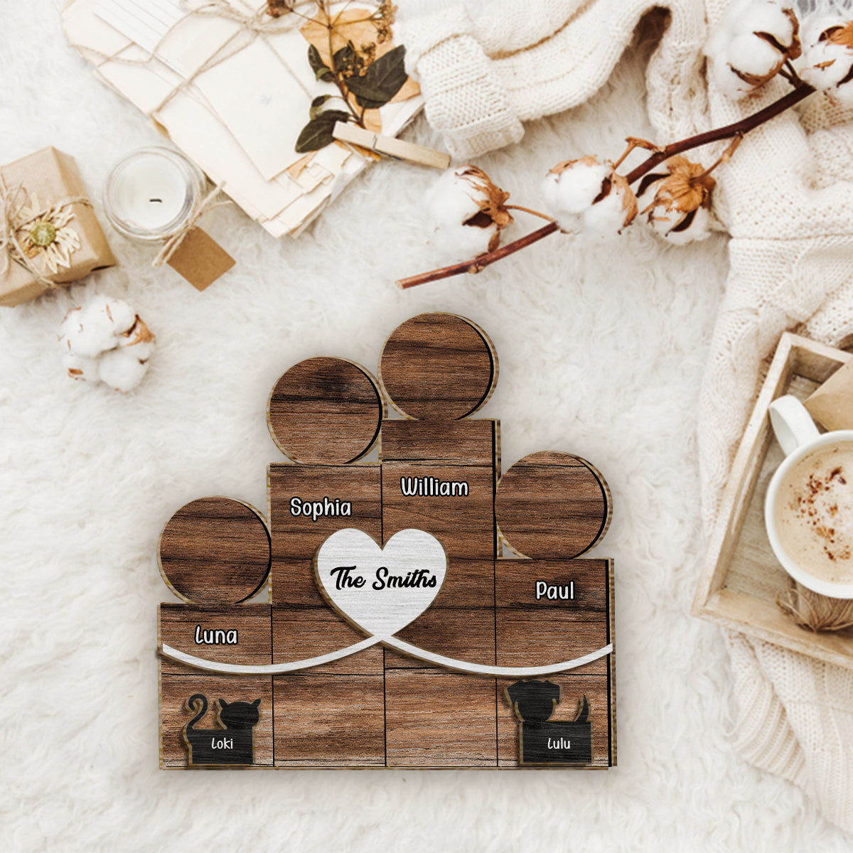 Familienfiguren aus Holzblöcken – Personalisiertes zweilagiges Familienschild aus Holz / Holzplakette