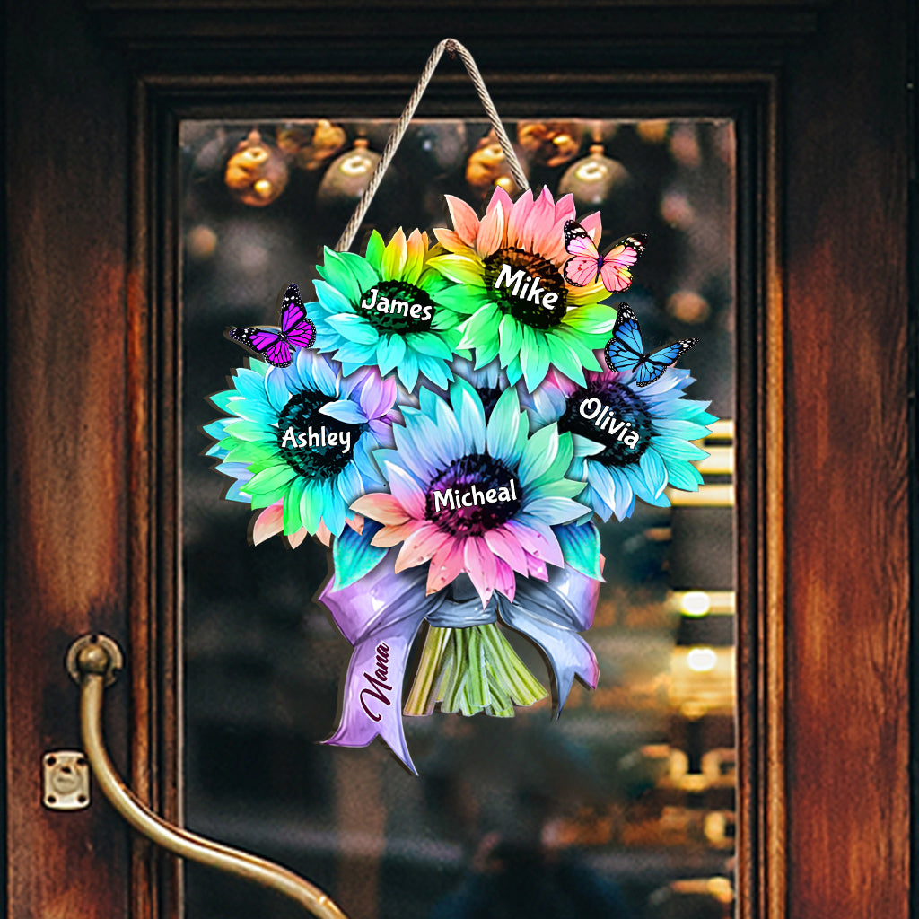 Sonnenblumenstrauß mit individuellem Titel und Namen – personalisiertes Holzschild „Oma“ in individueller Form