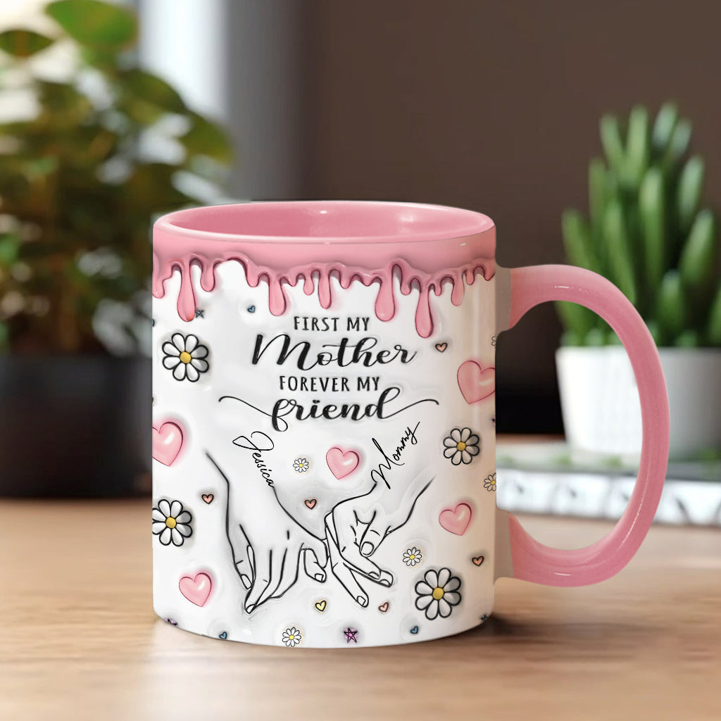 „Erst meine Mutter, für immer meine Freundin“ – personalisierte Tasse mit Muttermotiv