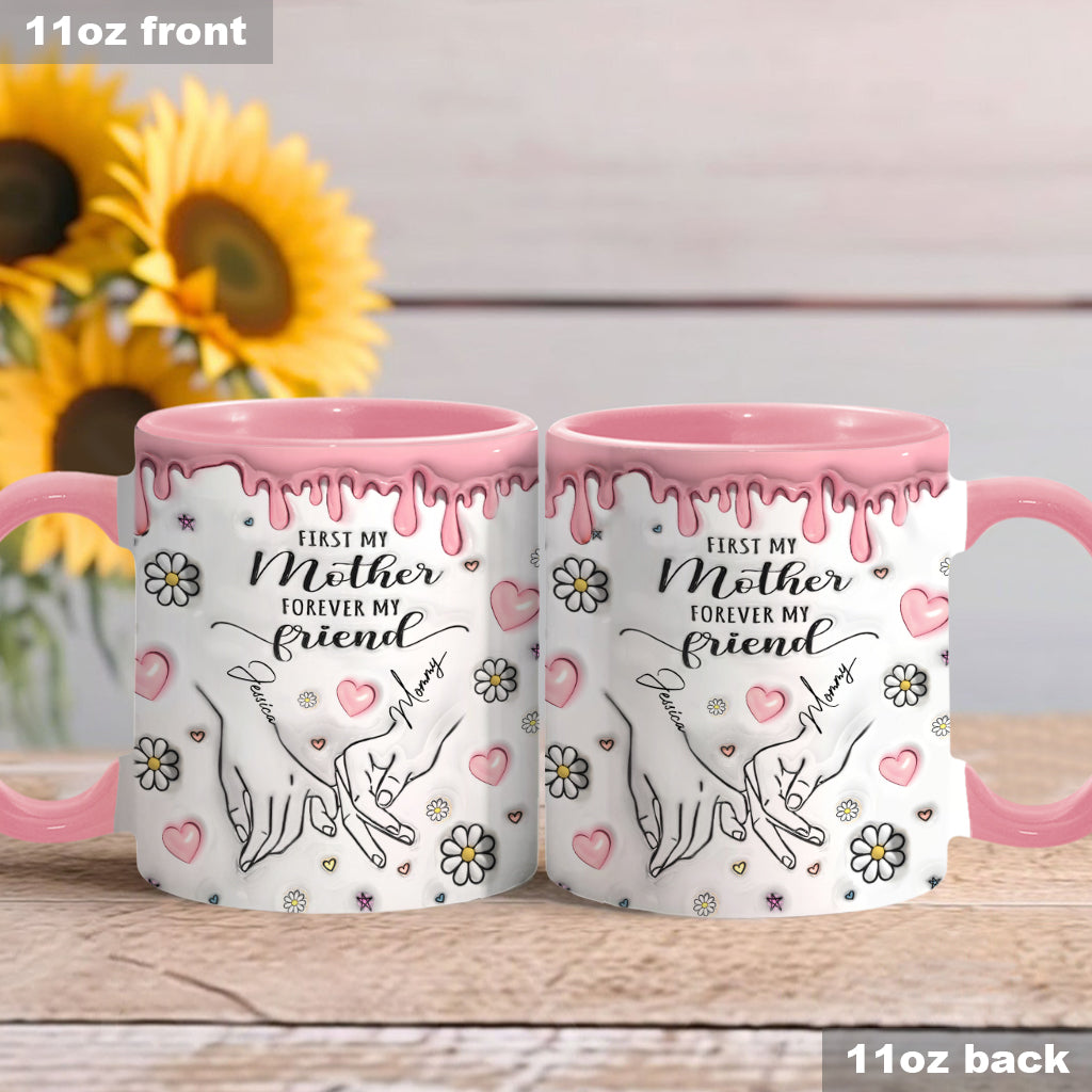 „Erst meine Mutter, für immer meine Freundin“ – personalisierte Tasse mit Muttermotiv